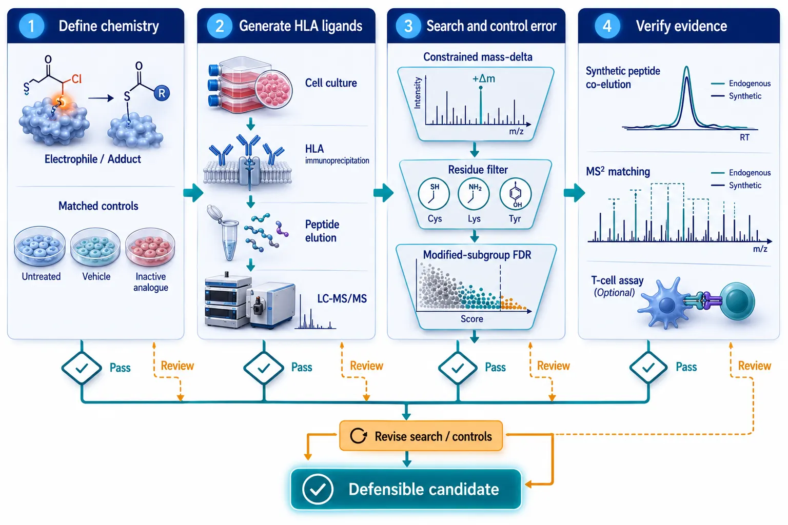 Integrated evidence map linking covalent drug chemistry, HLA ligand discovery, subgroup false-discovery control, synthetic standard comparison, and optional functional T-cell testing without treating any one layer as sufficient alone.