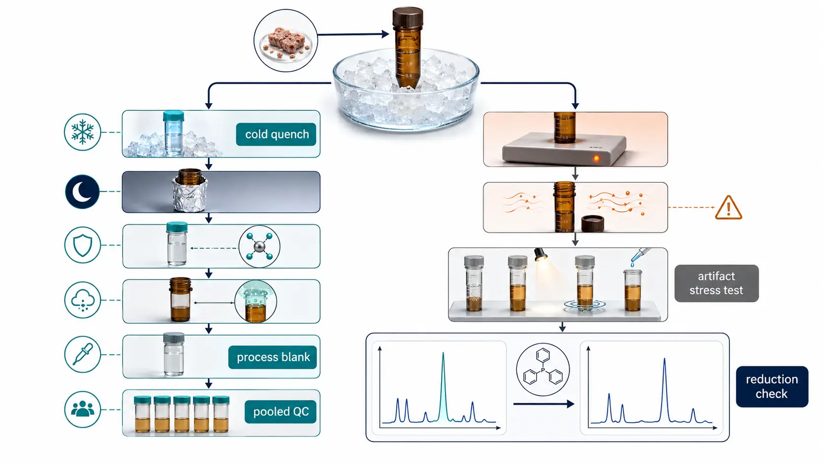 Practical laboratory workflow illustration showing a cold sample collection tray, pre-chilled extraction solvent, amber tubes, inert-gas headspace, antioxidant and chelator control branches, process blanks, pooled QC vials, and a parallel hydroperoxide reduction confirmation branch.