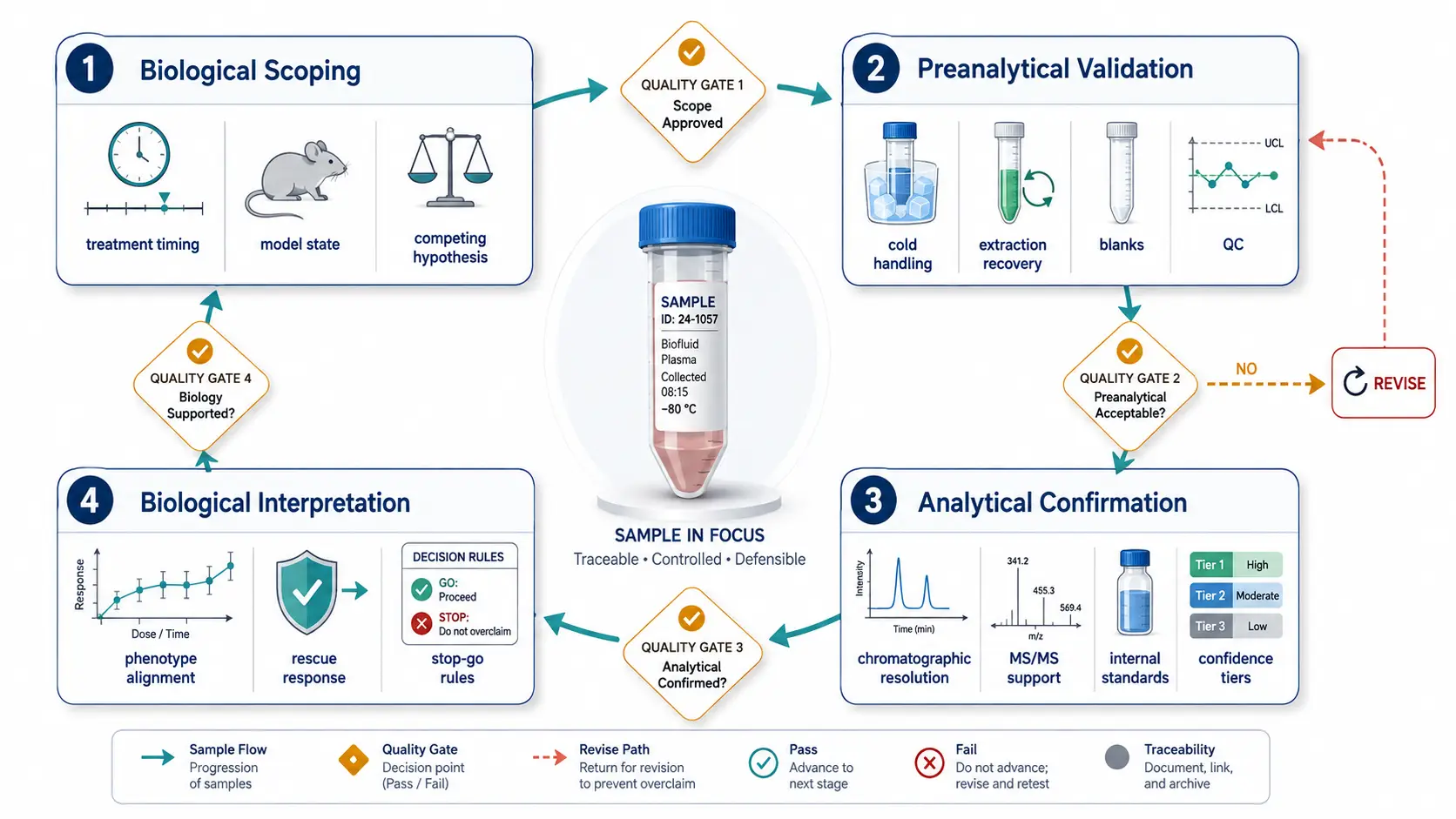 Detailed four-phase project specification board for oxidized lipidomics. Four connected modules labeled Biological Scoping, Preanalytical Validation, Analytical Confirmation, and Biological Interpretation contain checklists, sample handoff arrows, quality gates, and clear stop-go decision diamonds. Modern editorial scientific illustration, white background, blue teal and amber palette.