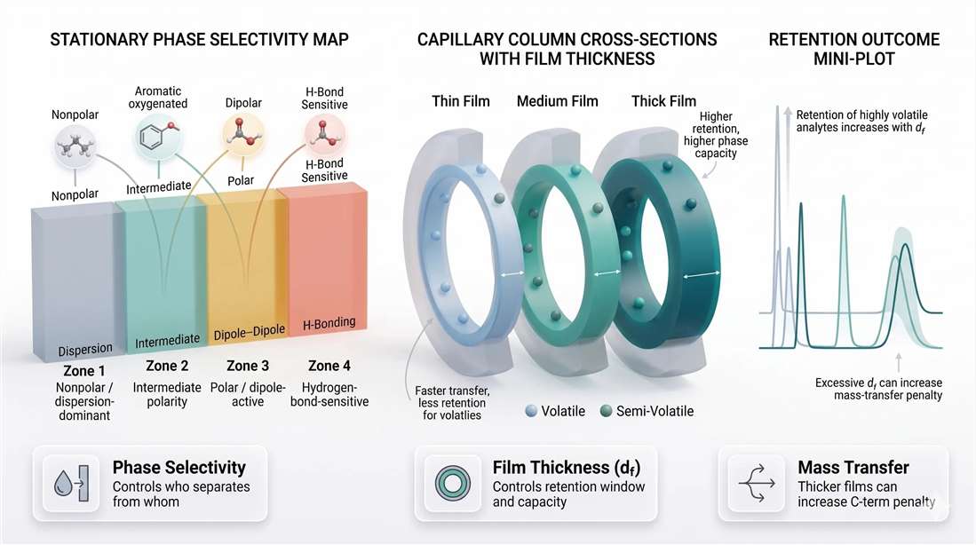 Stationary phase selectivity and film thickness as dual controls of GC behavior
