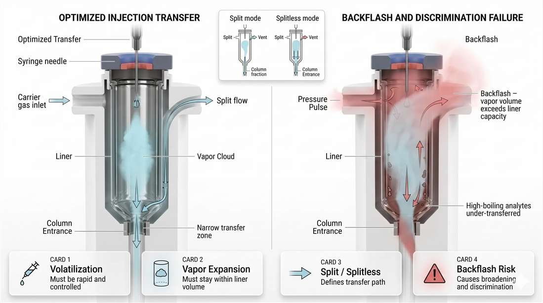 Injection physics in GC: optimized transfer versus backflash failure