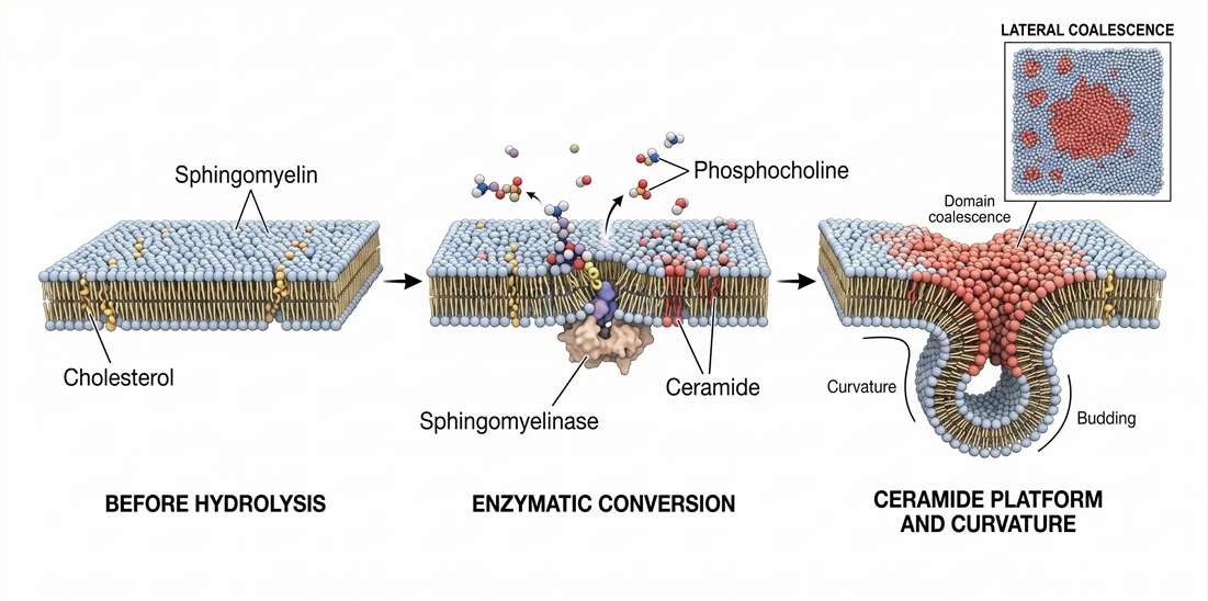 Sphingomyelinase-driven conversion to ceramide and membrane curvature remodeling