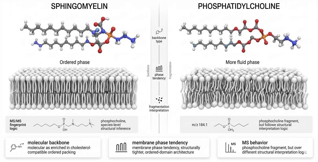 Sphingomyelin versus phosphatidylcholine: structure, phase behavior, and MS behavior