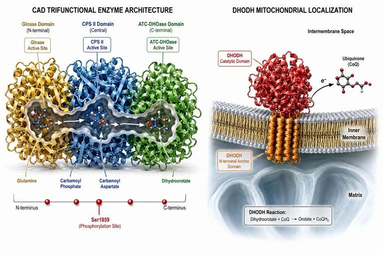 Figure 2: CAD trifunctional enzyme architecture and DHODH mitochondrial localization — three active sites in one polypeptide plus the inner membrane gatekeeper