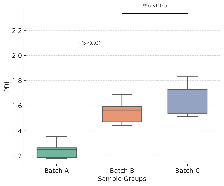 Box plot of PDI values for different batches with significance markers.