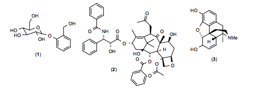 Figure 1. Famous examples of secondary metabolites with pharmacological activity: (1) salicin, (2) taxol
