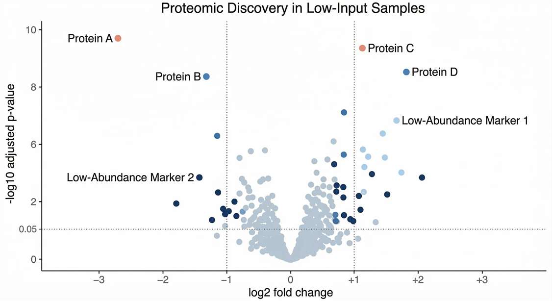 Volcano Plot showing differential expression of low-abundance proteins