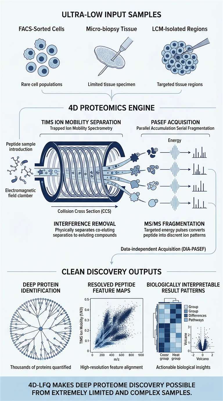 Low-input 4D proteomics workflow concept: processing FACS-sorted rare cells, needle biopsies, and organoids via 4D ion mobility and PASEF for deep proteome output