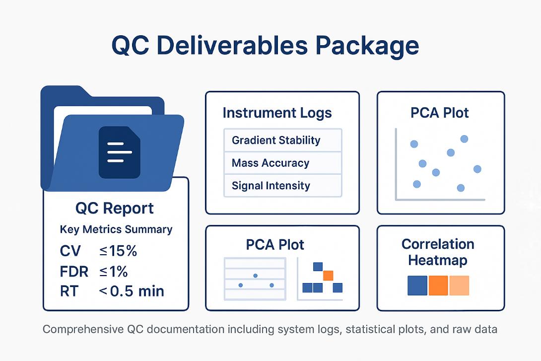Infographic showing QC deliverables in DIA proteomics: QC report with key metrics, instrument logs, PCA plot, and correlation heatmap in blue and orange design.