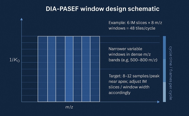 Ion-Mobility DIA window design schematic showing m/z × 1/K0 tiling with IM slices, variable m/z windows, and 8–12× peak sampling.