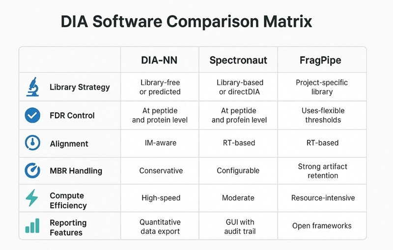 Comparison infographic of DIA proteomics software tools DIA-NN, Spectronaut, and FragPipe across library strategy, FDR, alignment, MBR, efficiency, and reporting.