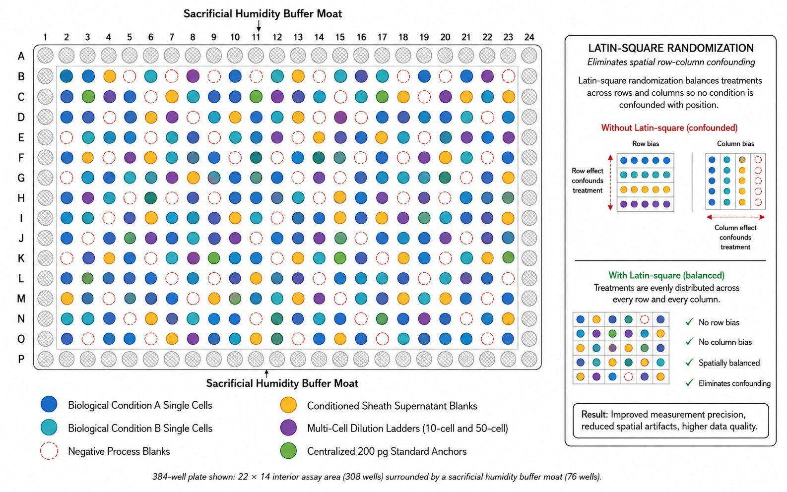 384-well plate layout architecture showing randomized cell distribution and interleaved QC anchors