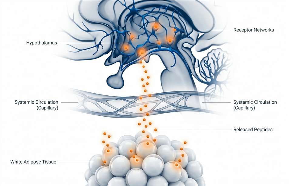 A scientific illustration mapping the metabolic landscape, showing peripheral adiposity signals from adipose tissue traveling through the bloodstream to interact with central appetite regulators in the hypothalamus.