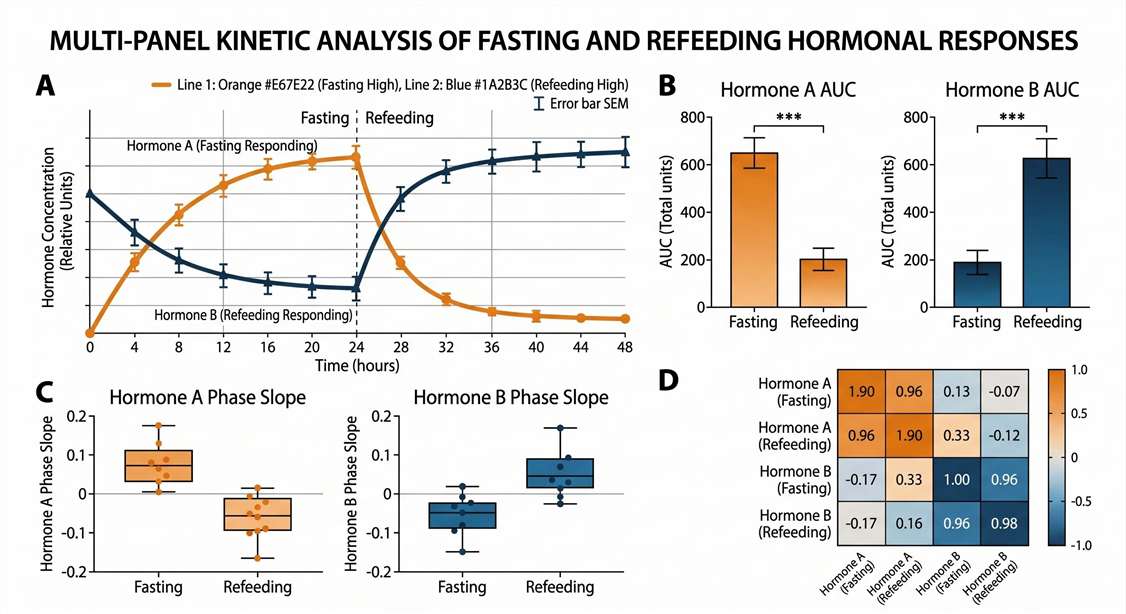 Line graph displaying reciprocal kinetic shifts of orexigenic Ghrelin and anorexigenic Leptin during fasting and refeeding interventions.