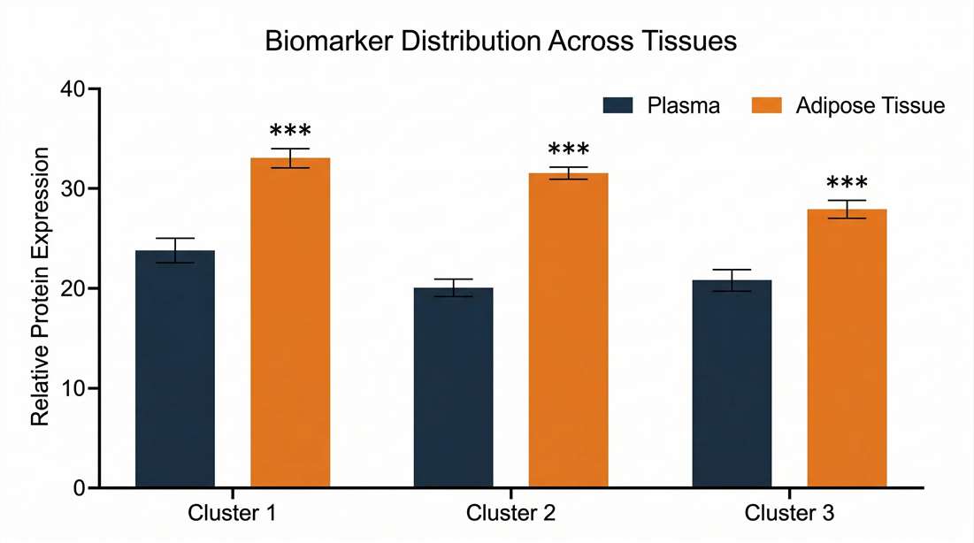 Bar chart demonstrating adipokine concentration gradients and partitioning between white adipose tissue (WAT) reservoirs and systemic plasma.