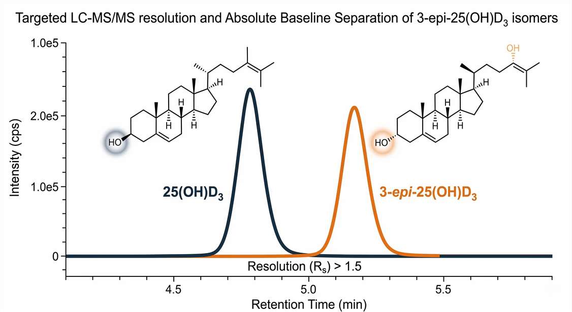 Baseline separation of 25(OH)D3 and 3-epi-25(OH)D3 in LC-MS/MS