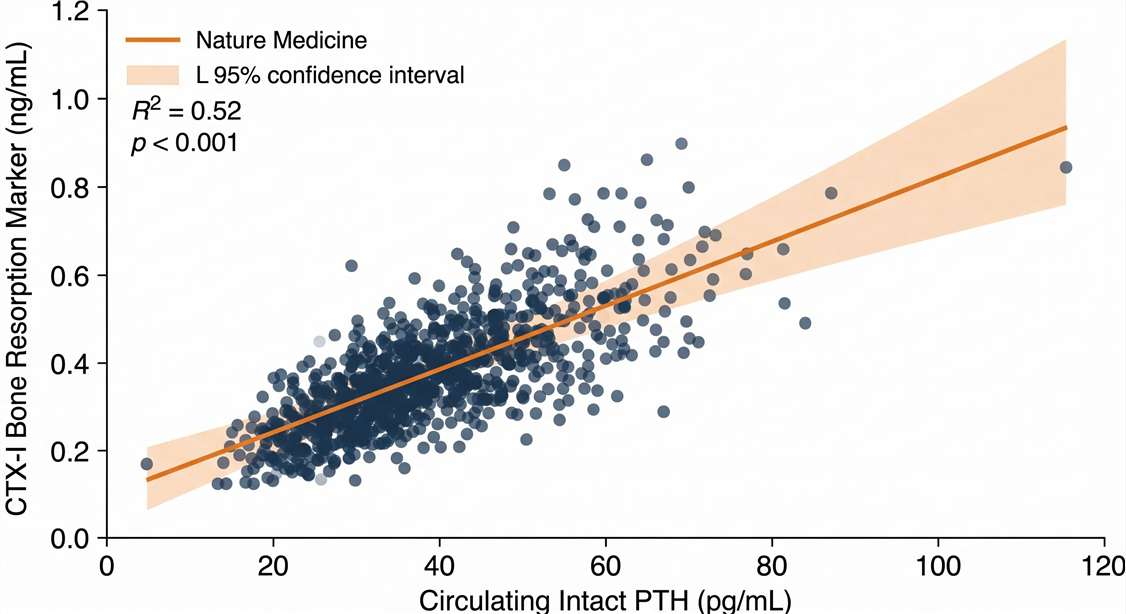 Scatter plots correlating circulating intact PTH or FGF23 levels against bone resorption markers