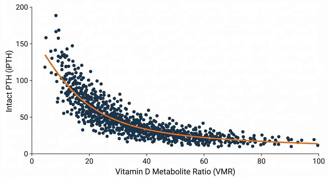 Correlation scatter plot illustrating the inverse relationship between the Vitamin D Metabolite Ratio (VMR) and intact PTH levels