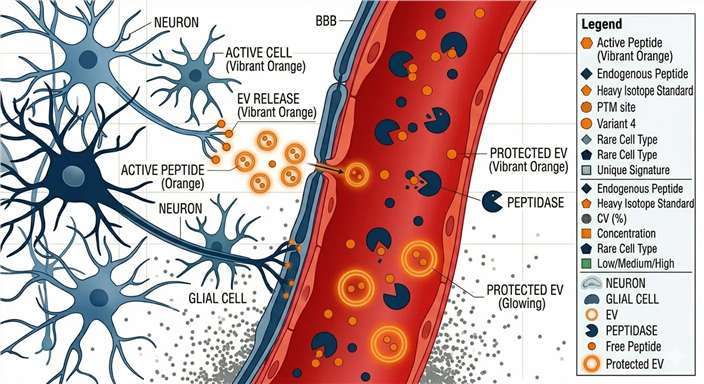 Scientific illustration demonstrating brain-derived EVs encapsulating neuropeptides, crossing the intact blood-brain barrier into peripheral circulation, and preventing rapid peptide degradation.