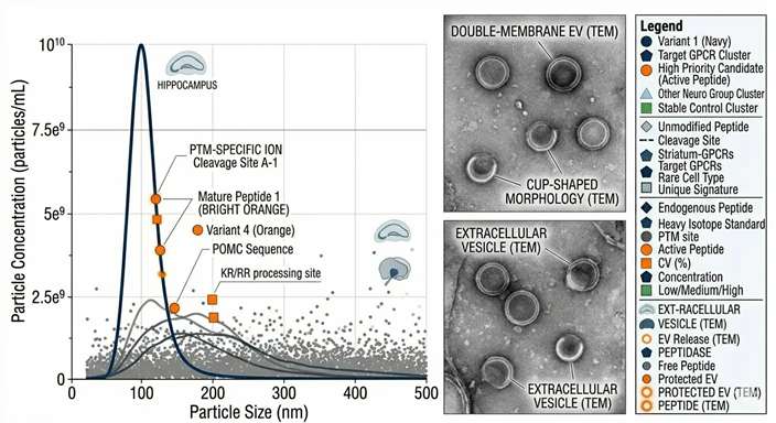 NTA size distribution curves and TEM micrographs showing intact neural-enriched EVs with characteristic cup-shaped morphology.