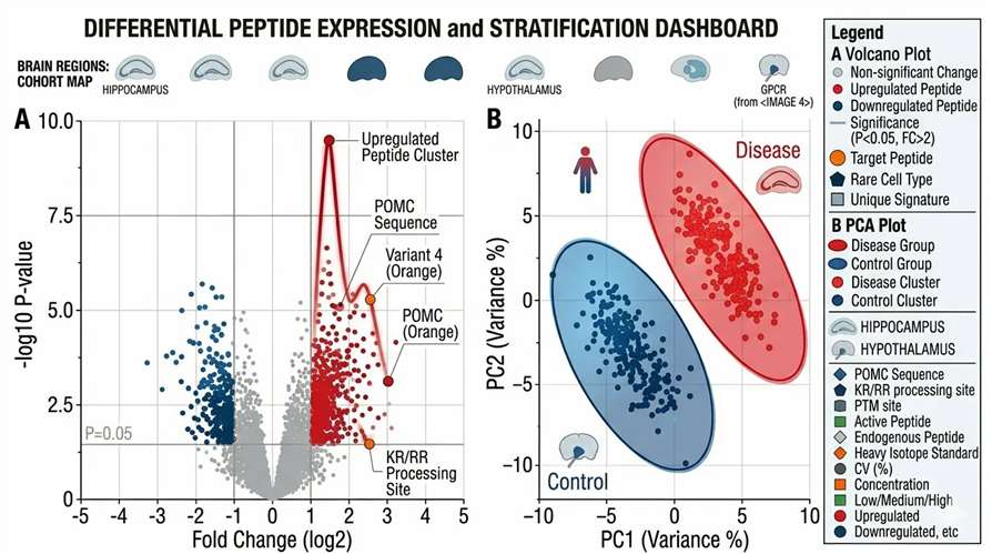 Volcano plot and PCA clustering highlighting condition-specific EV peptide signatures between disease models and healthy controls.