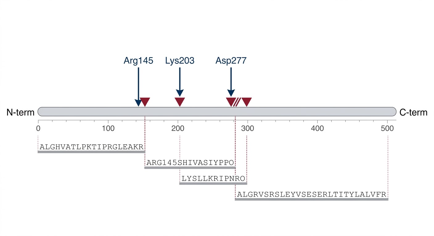 High-resolution cleavage-site map generated via mass spectrometry, illustrating exact proteolytic processing positions across a candidate substrate sequence.