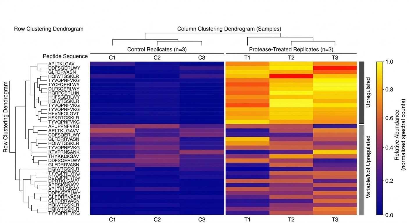 Comparative proteolysis heatmap showing the differential abundance of cleavage-derived peptides between wild-type and protease-perturbed samples.