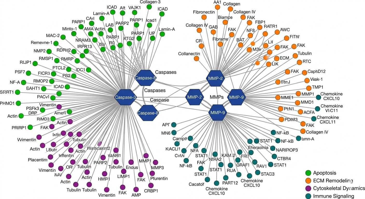 Pathway network summary linking newly discovered protease substrate candidates to their corresponding biological processes based on degradome profiling.
