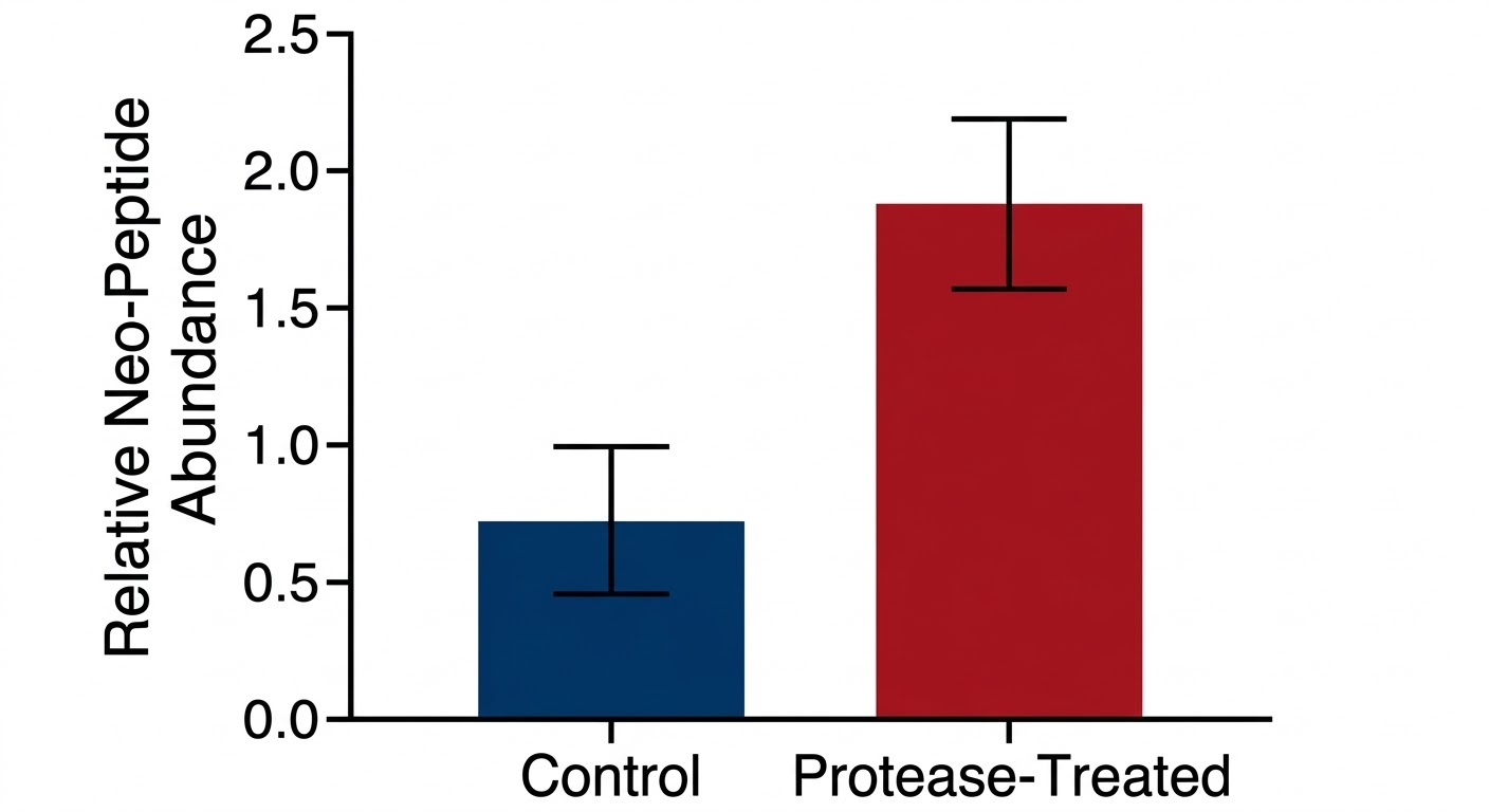 Peptide-level abundance comparison for a specific cleavage-derived fragment, validating its enrichment in the protease-perturbed condition.