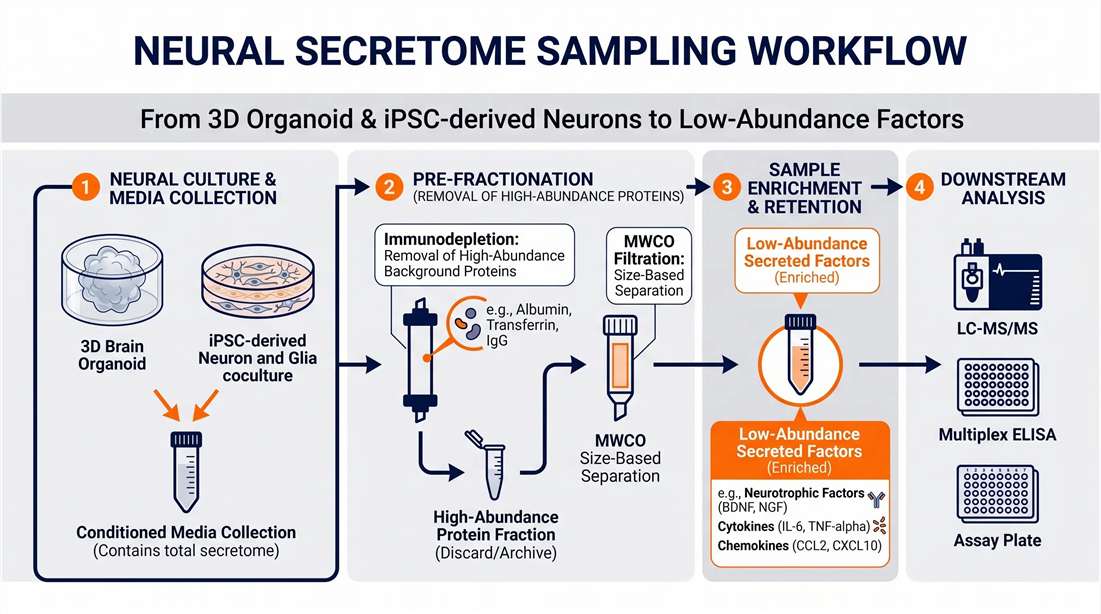 A scientific illustration demonstrating the collection of conditioned media from a 3D brain organoid, followed by molecular weight cut-off filtration to remove B27 background proteins while retaining low-abundance secreted neurotrophic factors.