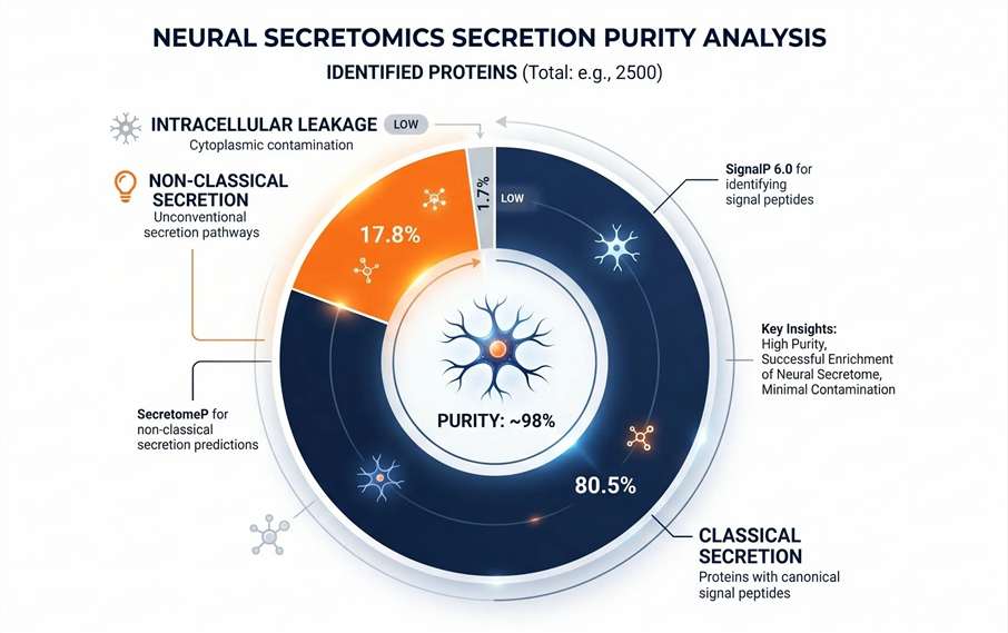 A donut chart classifying the detected proteome into classical secretion, non-classical secretion, and a minimal percentage of intracellular leakage fractions.