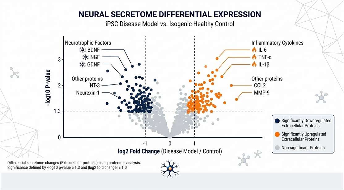 A volcano plot highlighting differentially secreted neurotrophic factors and cytokines between a patient-derived iPSC disease model and an isogenic healthy control.