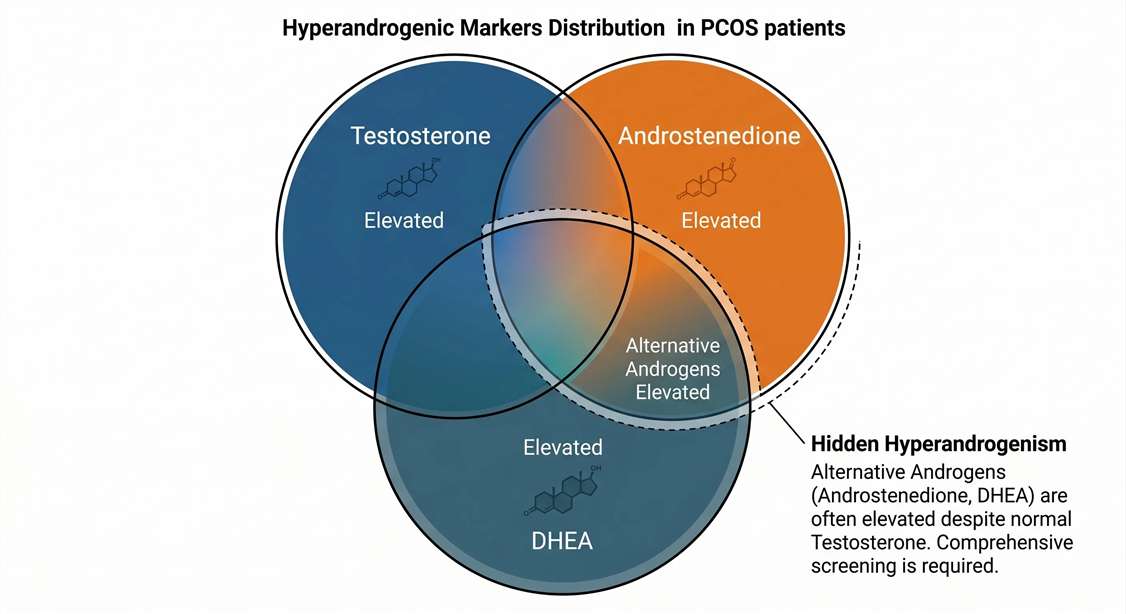 Venn diagram illustrating androgen profiles and hidden hyperandrogenism detected exclusively by comprehensive LC-MS/MS profiling.