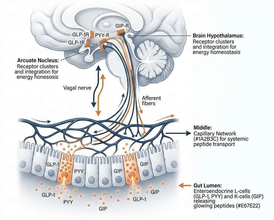 A professional medical illustration showing the cross-talk between gut enteroendocrine L-cells/K-cells releasing hormones into the bloodstream, vagal afferent activation, and their targets in the hypothalamic arcuate nucleus.