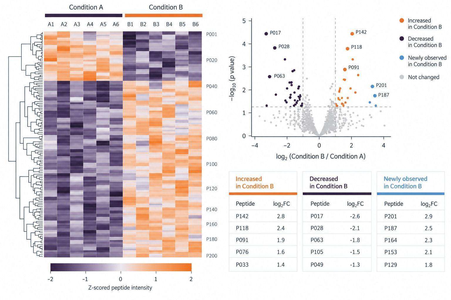 Representative comparative HLA class I peptide presentation heatmap and differential analysis