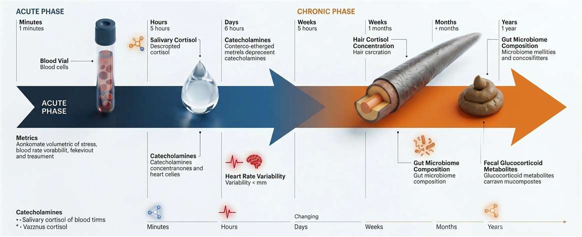 Infographic mapping the stress timeline: Acute spikes captured in plasma and saliva (minutes to hours) versus cumulative burden deposited in hair and feces (days to weeks).