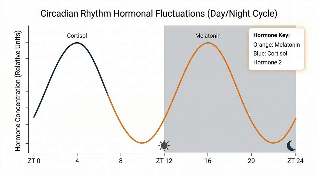 Line graph displaying high-frequency sampling overlay plots of corticosterone and melatonin over a 24-hour light and dark cycle, highlighting peak and trough timing.