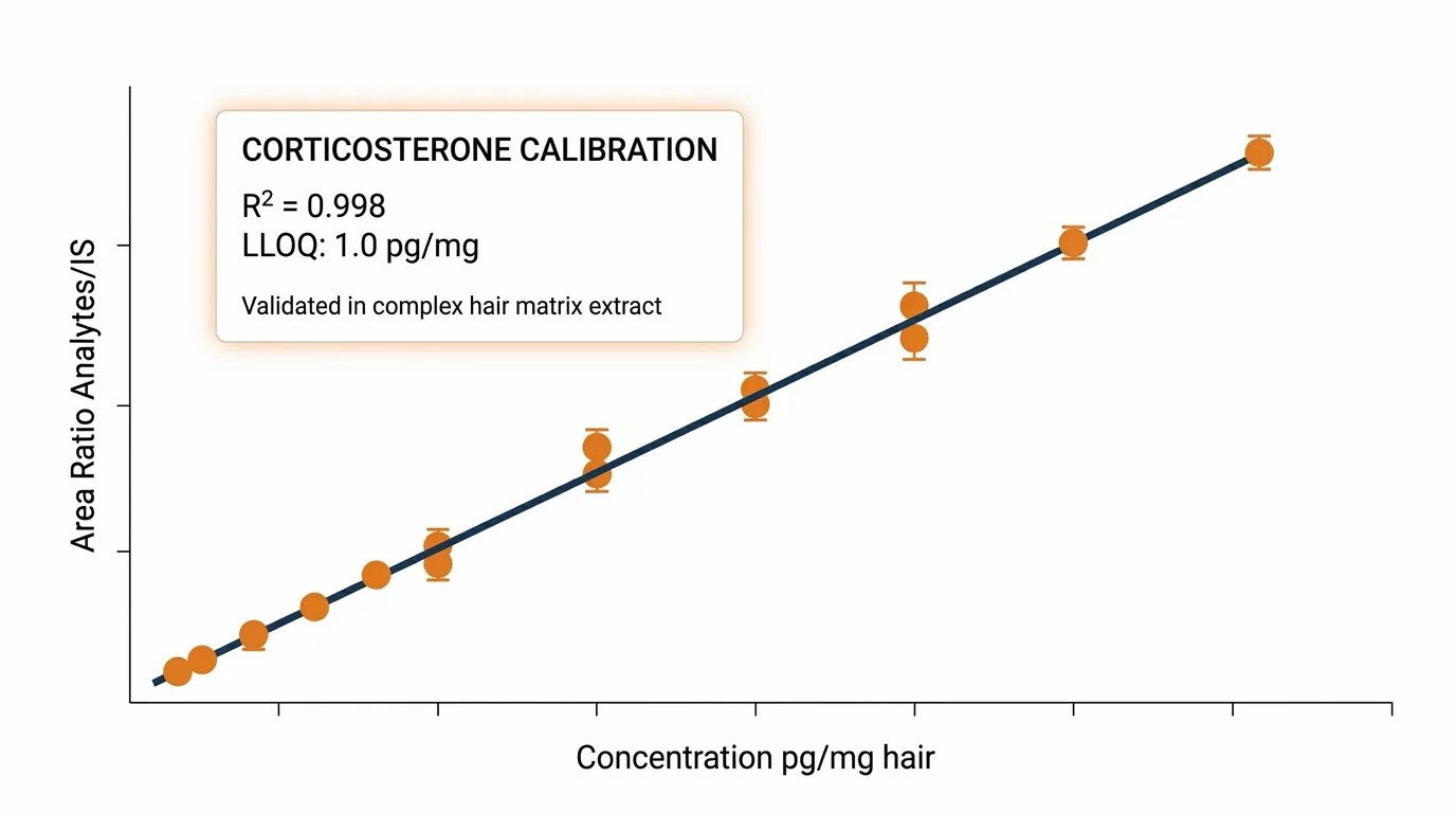 Quality control data table showing robust extraction recovery rates of lipophilic steroids from complex fecal and hair matrices using class-specific SIL-IS.