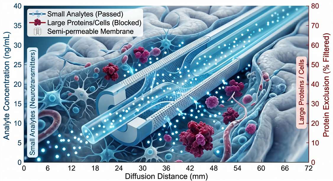 A detailed 3D scientific illustration showing a microdialysis probe implanted in brain tissue, demonstrating the semi-permeable membrane filtering out large proteins and cells while allowing free drugs and neurotransmitters to diffuse into the dialysate.