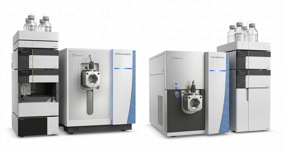 A modern analytical laboratory setup featuring a high-resolution Orbitrap mass spectrometer and a Triple Quadrupole LC-MS/MS system used for dialysate analysis.