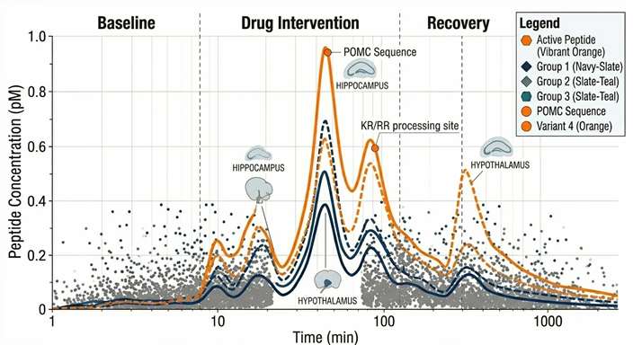 A high-resolution time-course curve showing a transient spike and subsequent clearance of dopamine following a pharmacological stimulus.