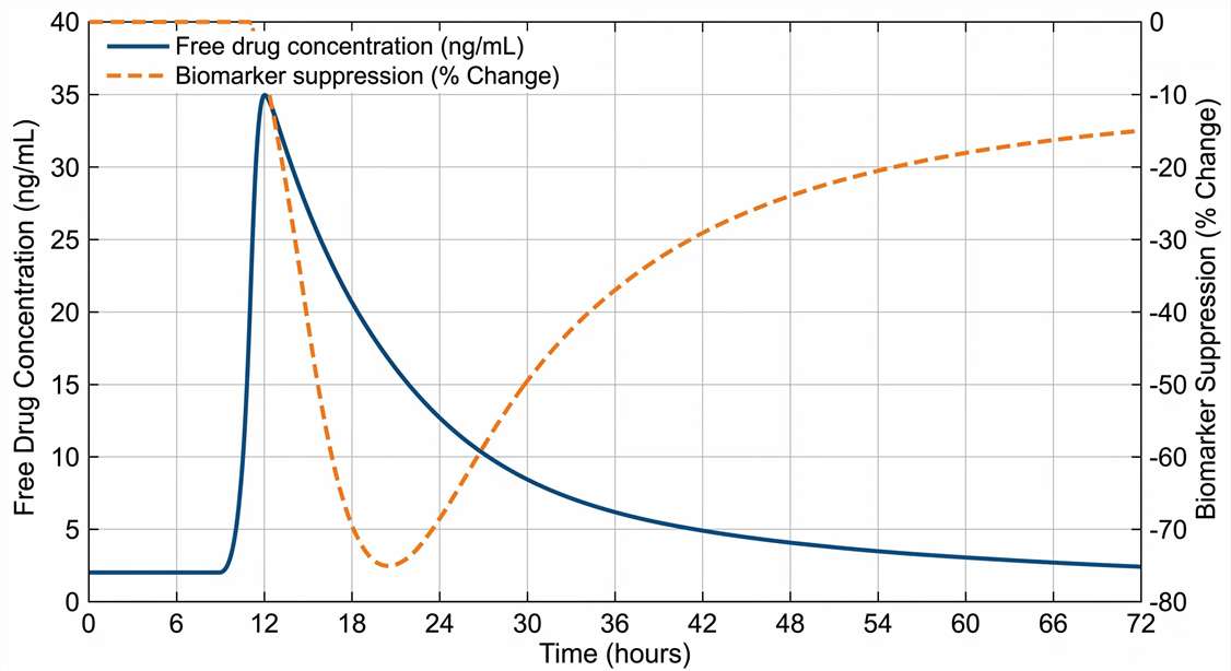 A dual-axis plot correlating the rising local ISF free drug concentration with the synchronized suppression of a target biomarker over 24 hours.