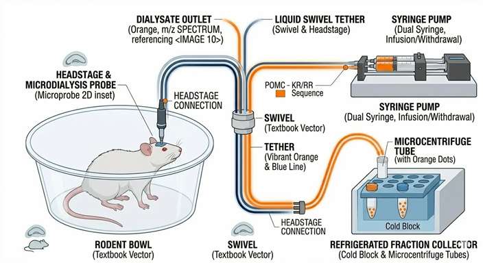 A laboratory photograph or detailed diagram showing a freely moving rodent in a specialized cage, connected via a liquid swivel tether system to a microinfusion pump and refrigerated fraction collector.