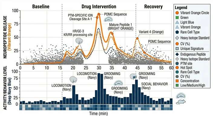 Dual Y-axis chart directly overlaying animal activity tracking data with extracellular peptide release pulses
