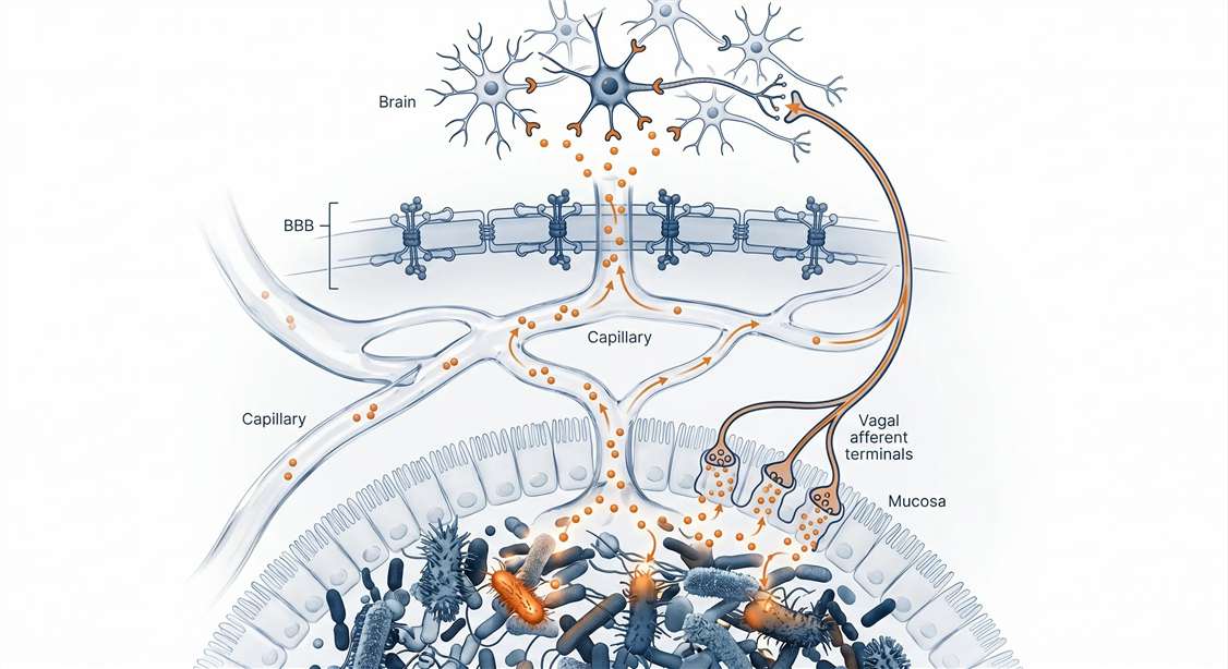 A professional 3D scientific illustration showing gut microbiome releasing small peptides that travel through the bloodstream, cross the blood-brain barrier, and bind to receptors on a brain neuron.
