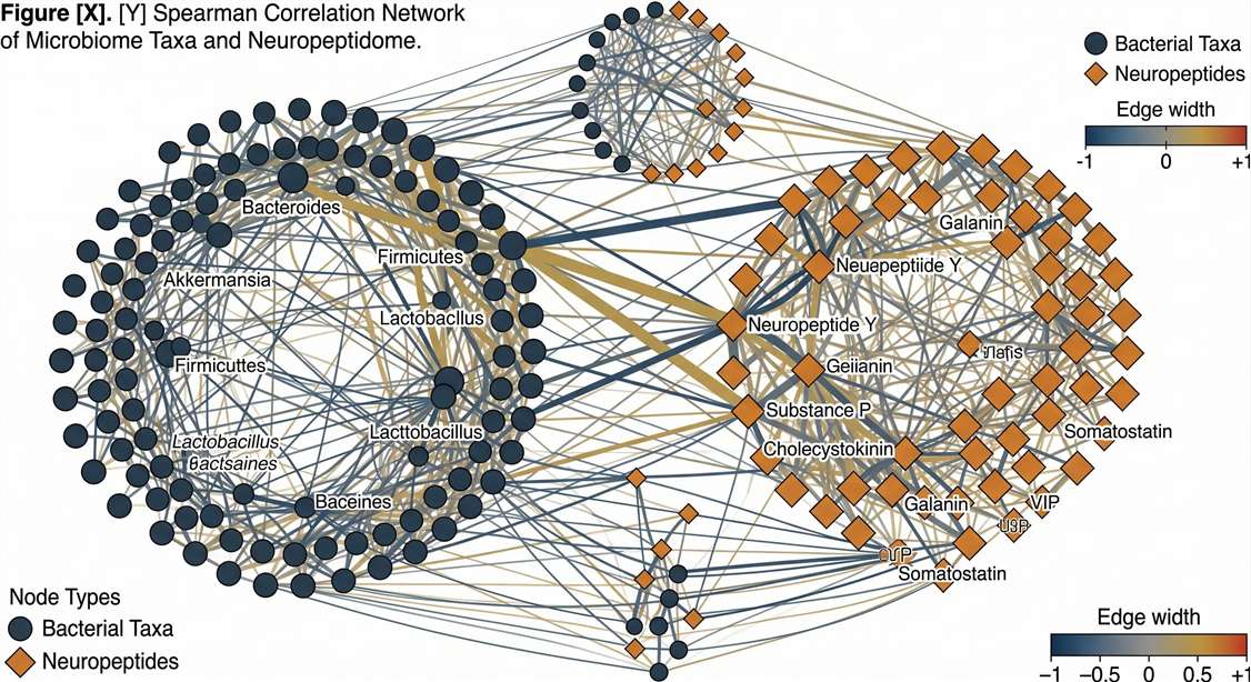 A Spearman correlation network diagram linking specific bacterial taxa from 16S data to altered CNS neuropeptide signaling abundance.