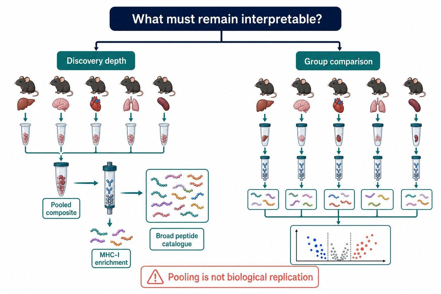 Mouse MHC-I Immunopeptidomics: H-2Kb/H-2Db Enrichment, Tissue Input, and Pooling workflow