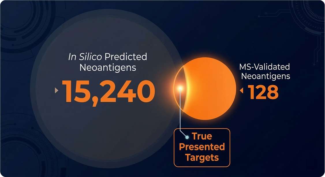 Venn diagram comparing thousands of in silico predicted neoantigens against the handful physically validated via mass spectrometry