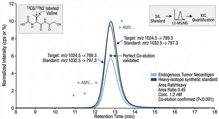 Extracted ion chromatogram demonstrating quantitative MS validation of a neoepitope using a heavy isotope standard