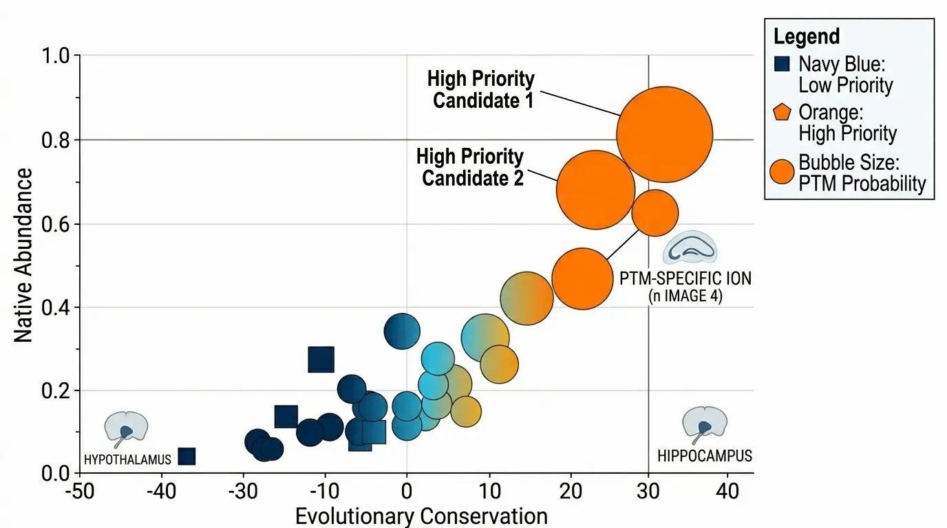Bubble chart displaying candidate peptide abundance and PTM confidence